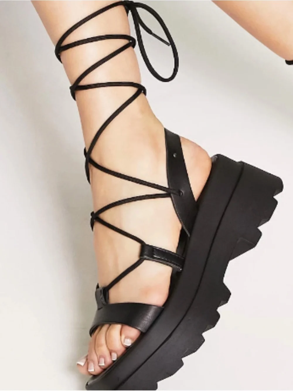 ASOS Design Black Toni Tie Leg Flatform Strappy Lace Up Platform Chunky Sandals